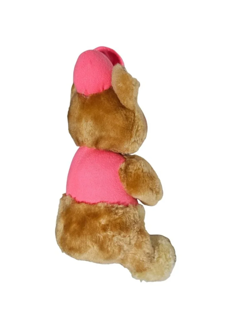 Vintage Teddy Bear 9 inch Plush Pink Hat Shirt Yellow Pom Pom Stuffed Animal Toy